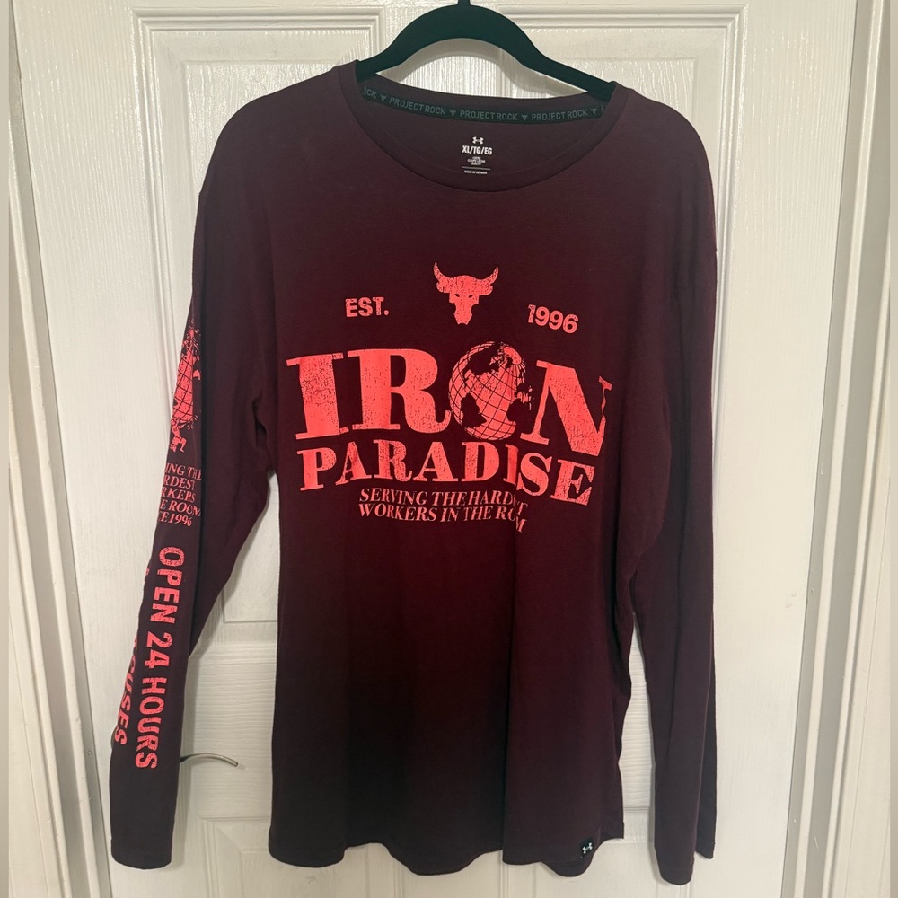 Under Armour Project Rock Iron Paradise Long Sleeve T Shirt Mens XL Burgundy